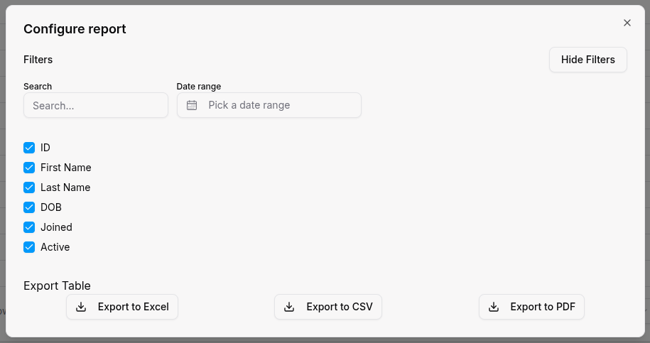 Report table sample page