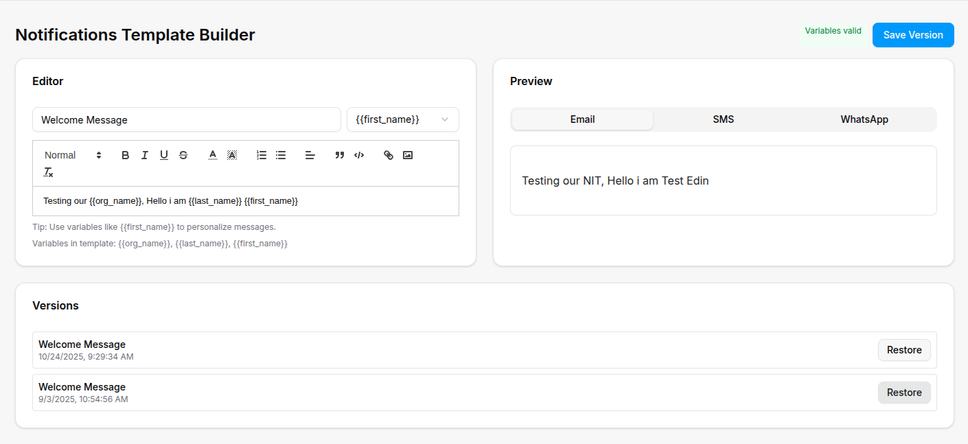 Admin message builder page