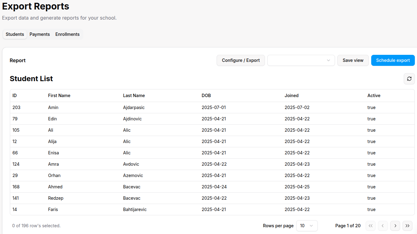 Report table sample page