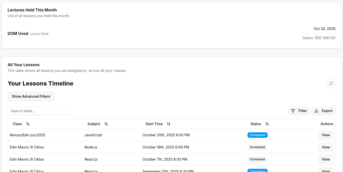 Teacher dashboard page