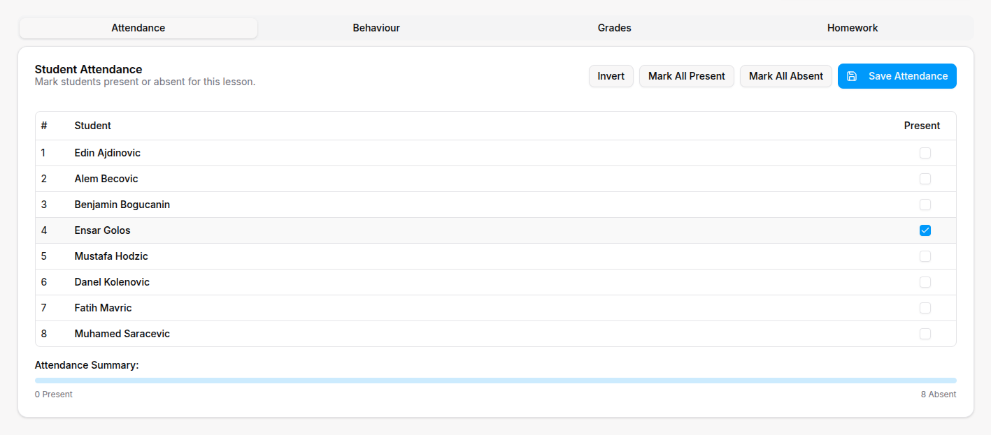 Teacher lesson attendance
