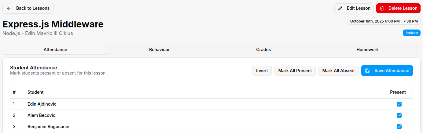 Teacher lesson detail page