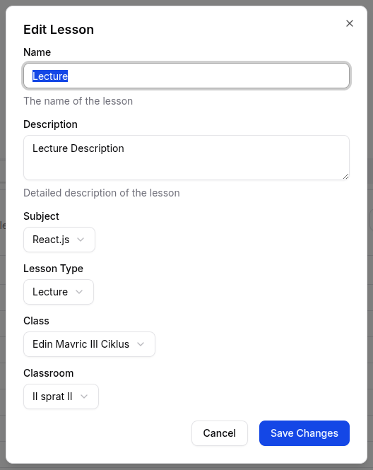 Teacher lesson edit form
