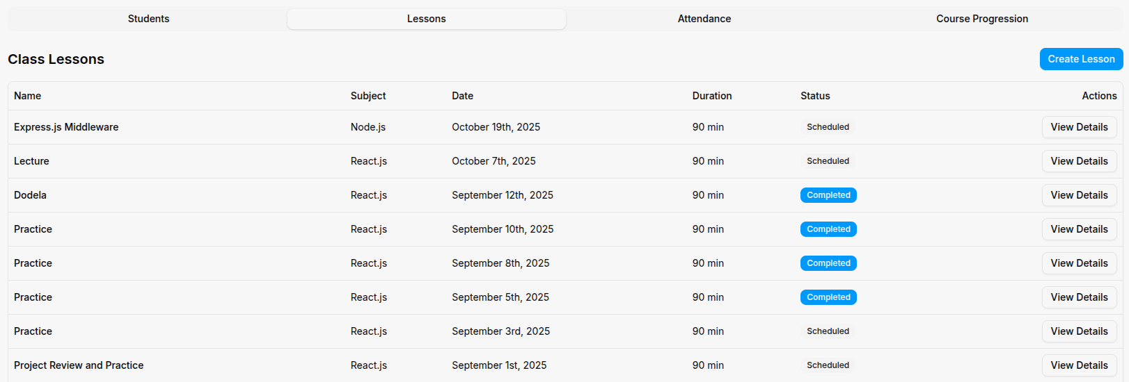 Teacher classes detail page, lesson tab