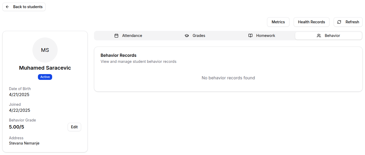 Teacher students page