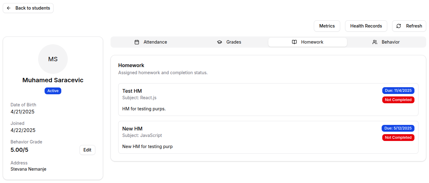 Teacher students page