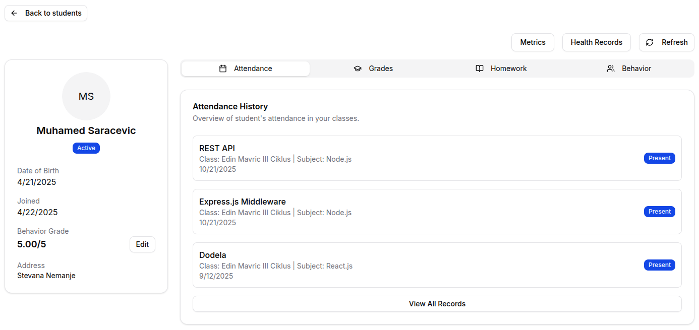 Teacher students page