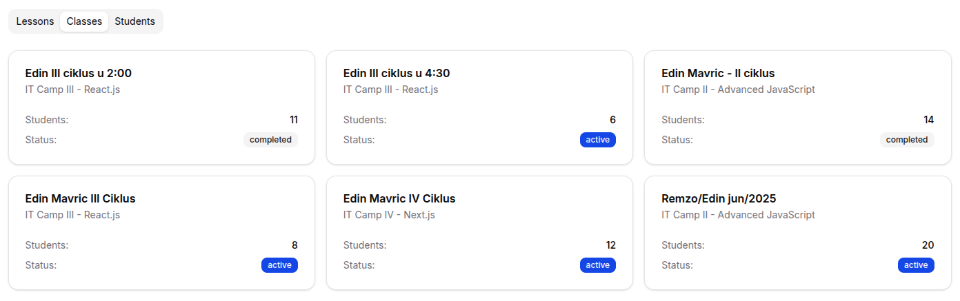 Subject page, classes tab