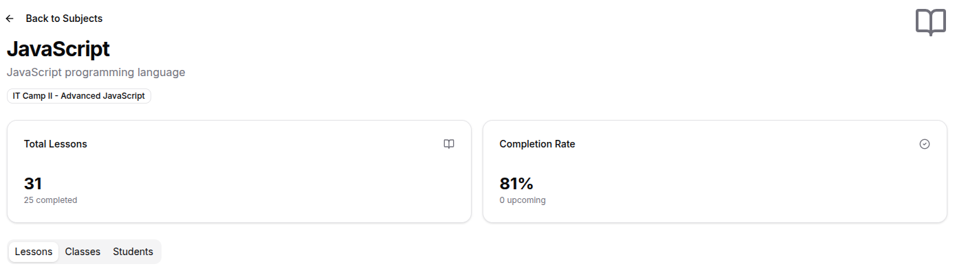 Teacher subject detail page, overview and stats