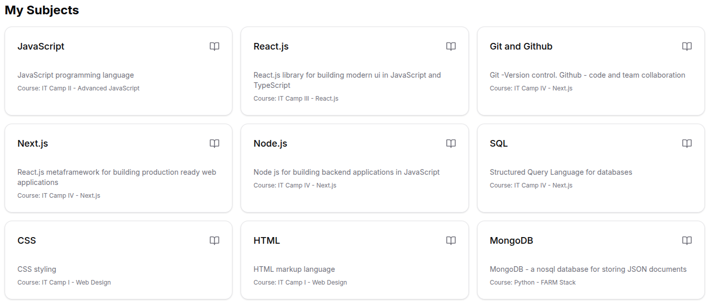 Teacher subjects list page