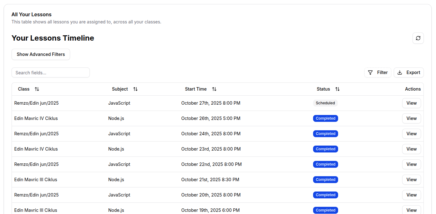 Teacher dashboard page