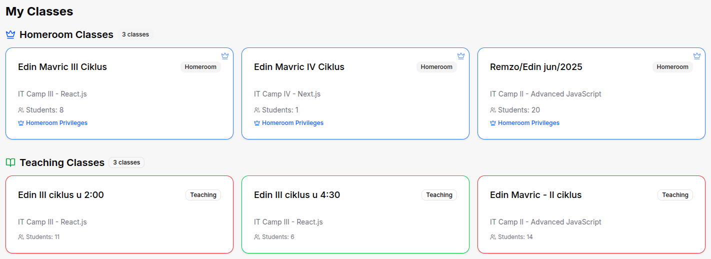 Teacher classes page