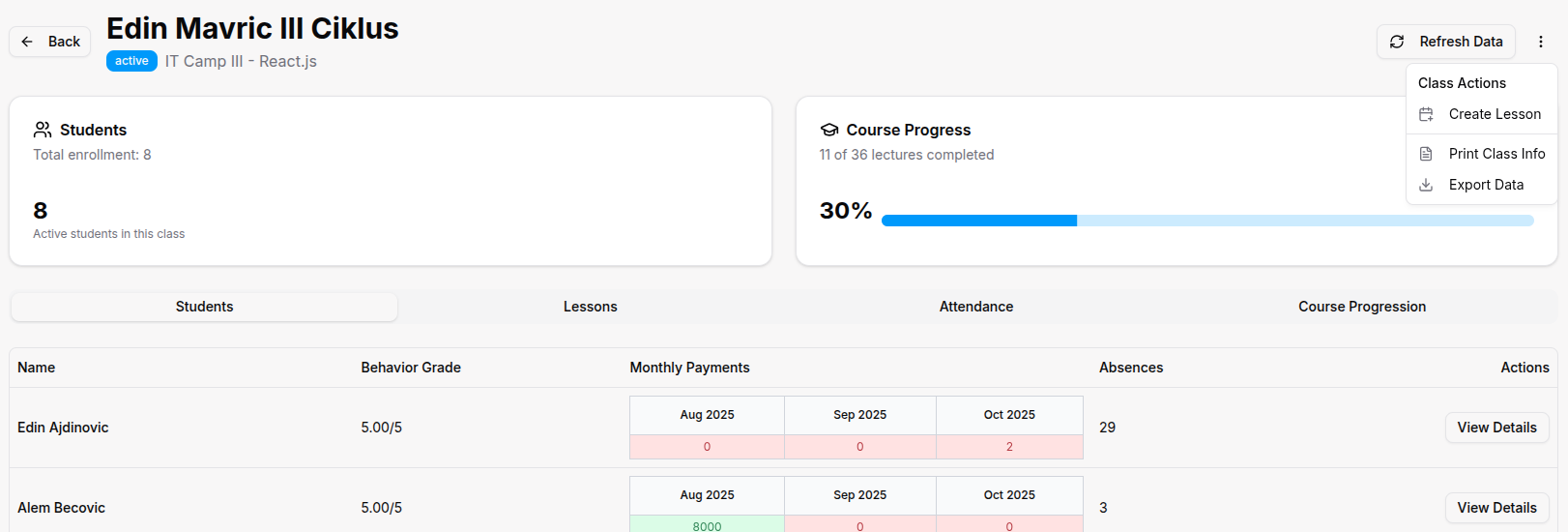 Teacher classes detail page