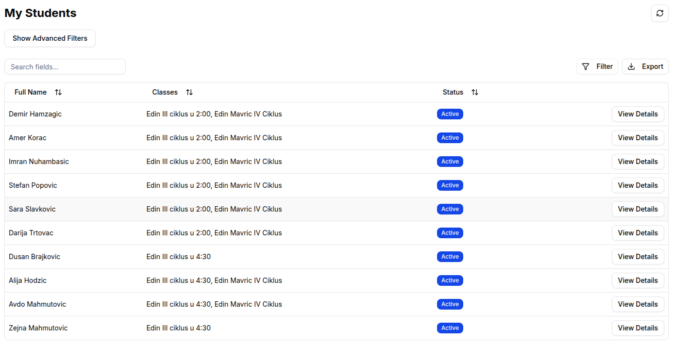 Teacher students page